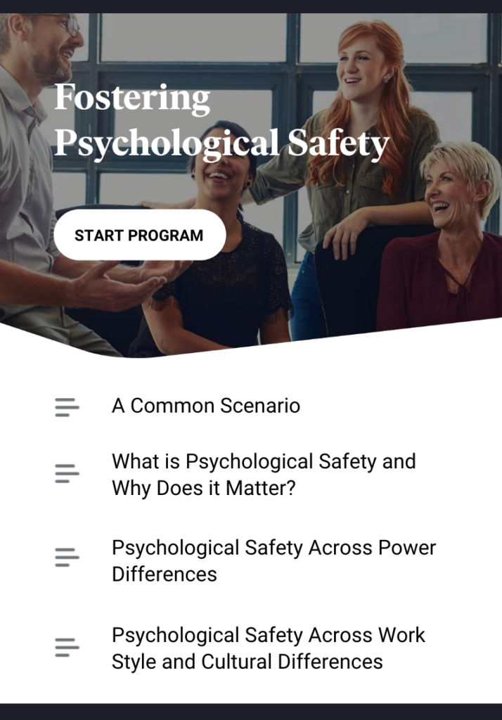Mobile screenshot of the Psychological Safety learning module in Aperian