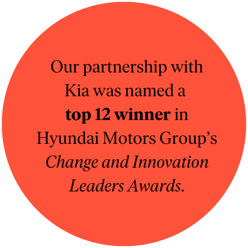 Rust circle with a quote inside that says Our partnership with Kia was named a top 12 winner in Hyundai Motors Group's Change and Innovation Leaders Awards.
