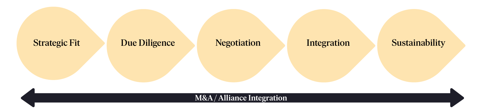The phases of M&A and alliances are strategic fit, due diligence, negotiation, integration, and sustainability.