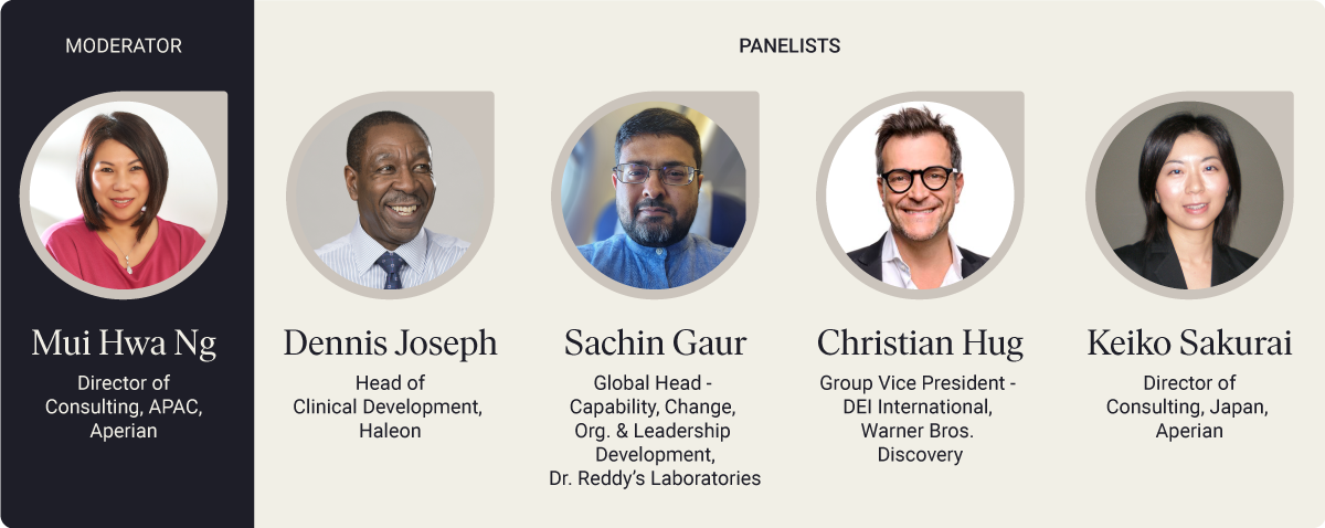 webinar panelists: Dennis Joseph from Haleon, Sachin Gaur from Dr. Reddy's Labs, Christian Hug from Warner Bros. Discovery, and Keiko Sakurai from Aperian. Moderated by Mui Hwa Ng from Aperian