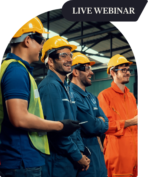 Small thumbnail in an arch, photo of four men in hard hats smiling