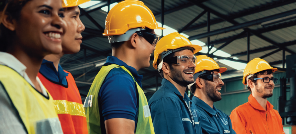 Factory employees lining up for shift