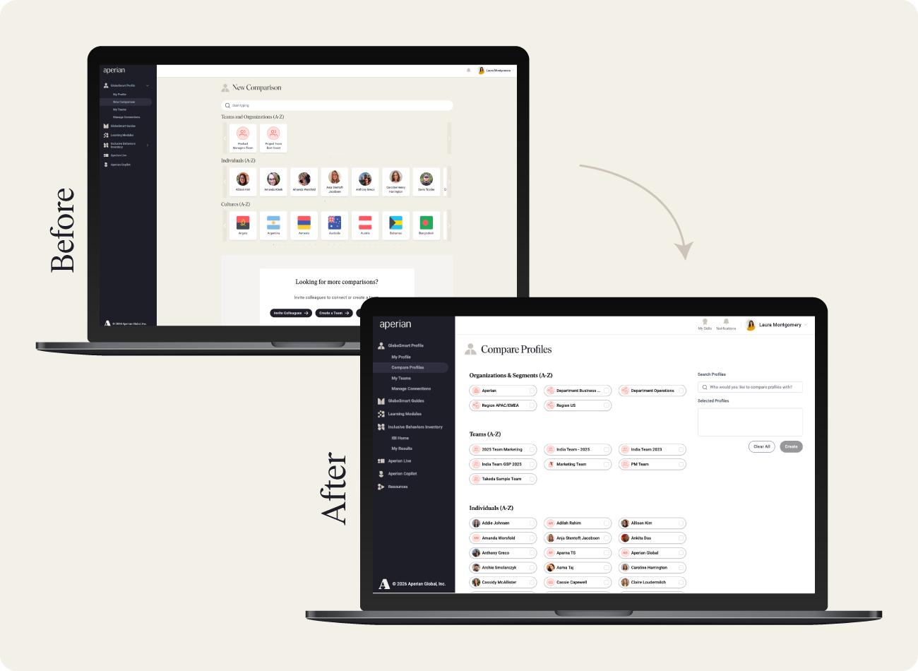 2 laptop mockups showing screenshots of the Aperian plaotform before and after accessibility work