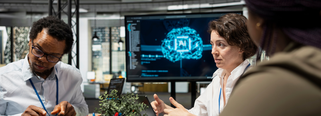 diverse professionals conversing in an office setting